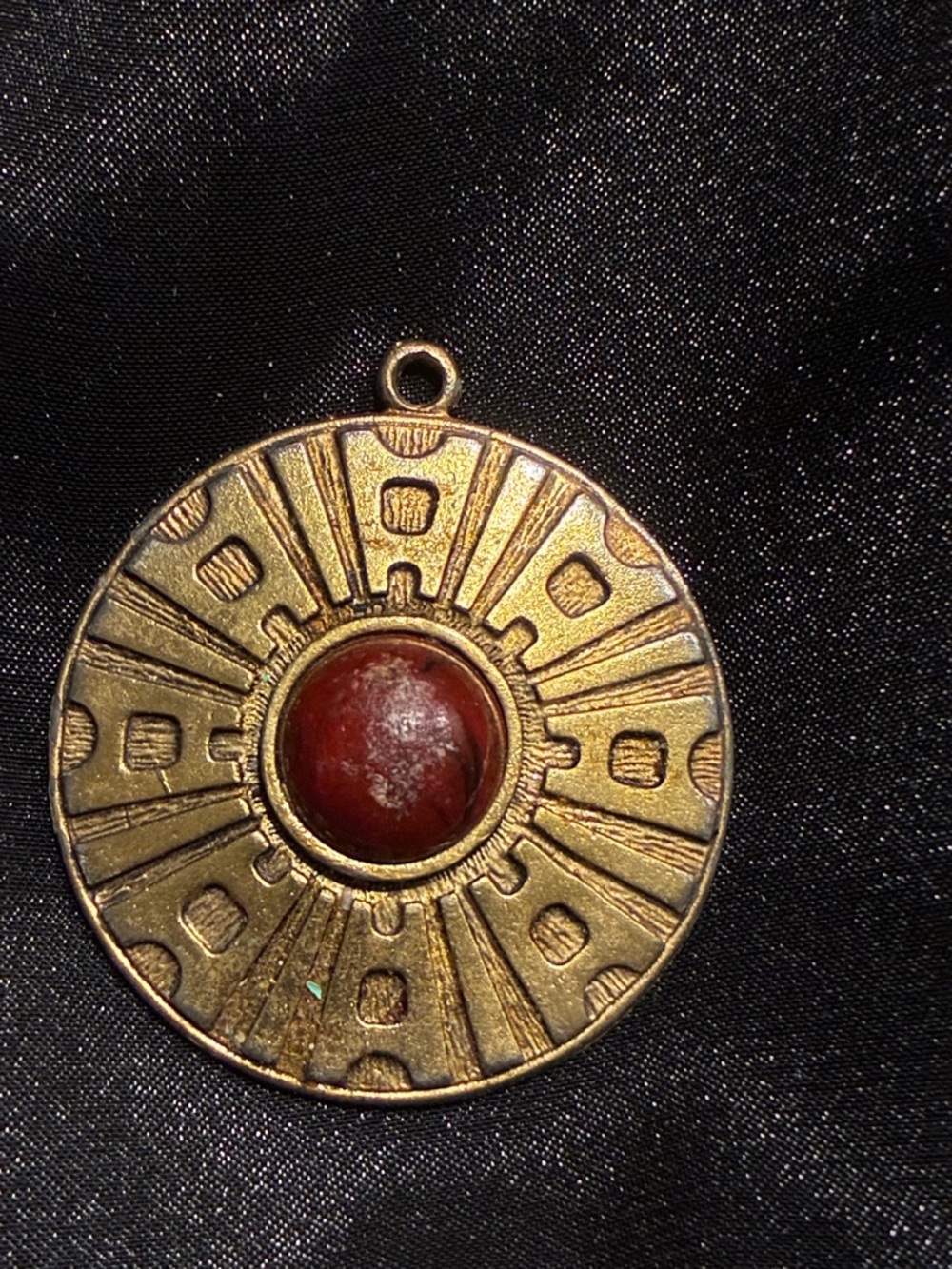 Sara Coventry Gold-Tone Round Pendant Necklace with Red “Safari* Medallion